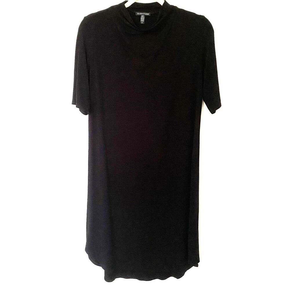 Eileen Fisher Black Turtleneck Stretchy Elbow Lenght Sleeve Flowy Dress Sz S
